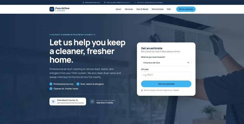 Pure Airflow Cleaning website homepage